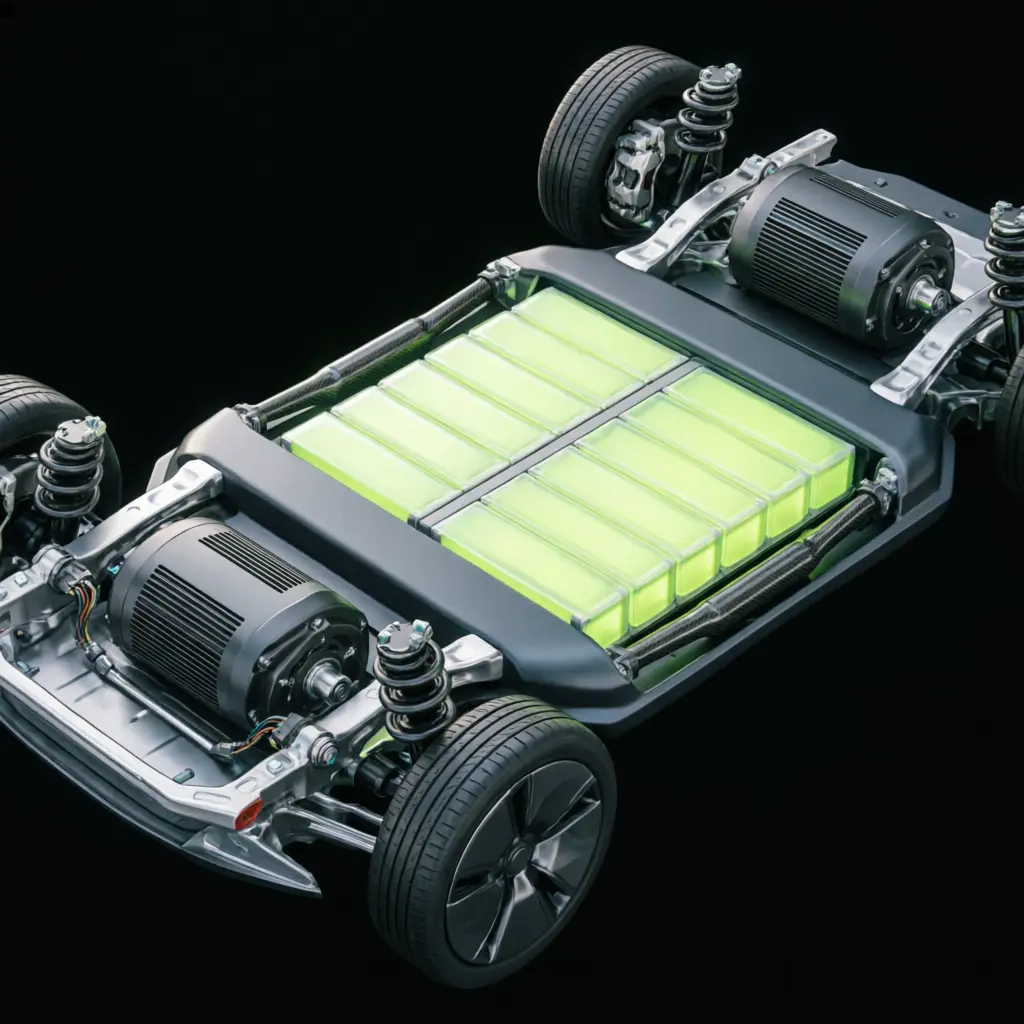 Vista isométrica de la plataforma skateboard de un coche eléctrico con la batería de celdas iluminada en verde y un motor en cada eje